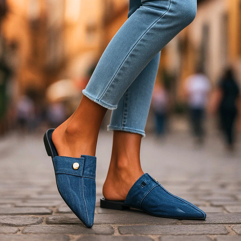 INDIGO LACE DENIM SLIP ONS