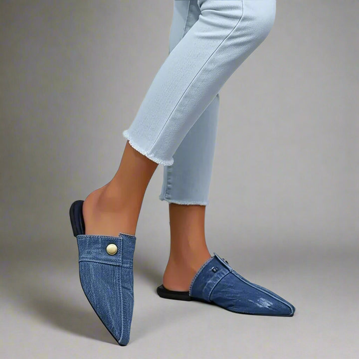 INDIGO LACE DENIM SLIP ONS