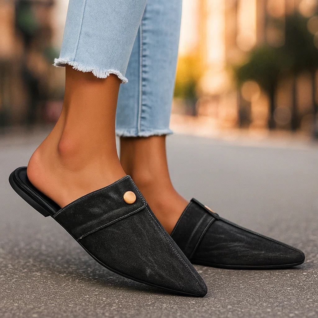 INDIGO LACE DENIM SLIP ONS