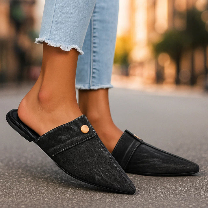 INDIGO LACE DENIM SLIP ONS