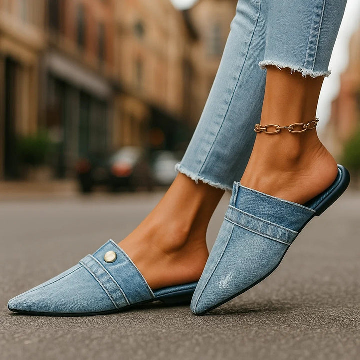 INDIGO LACE DENIM SLIP ONS