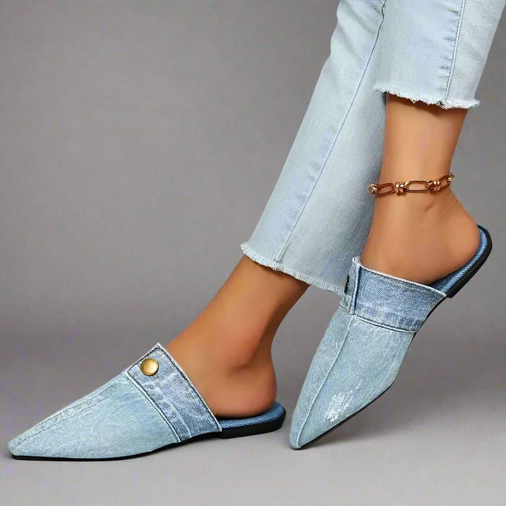 INDIGO LACE DENIM SLIP ONS